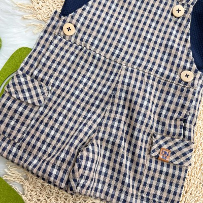 Conj. Camisa e Jardineira Xadrez - Marinho e Areia